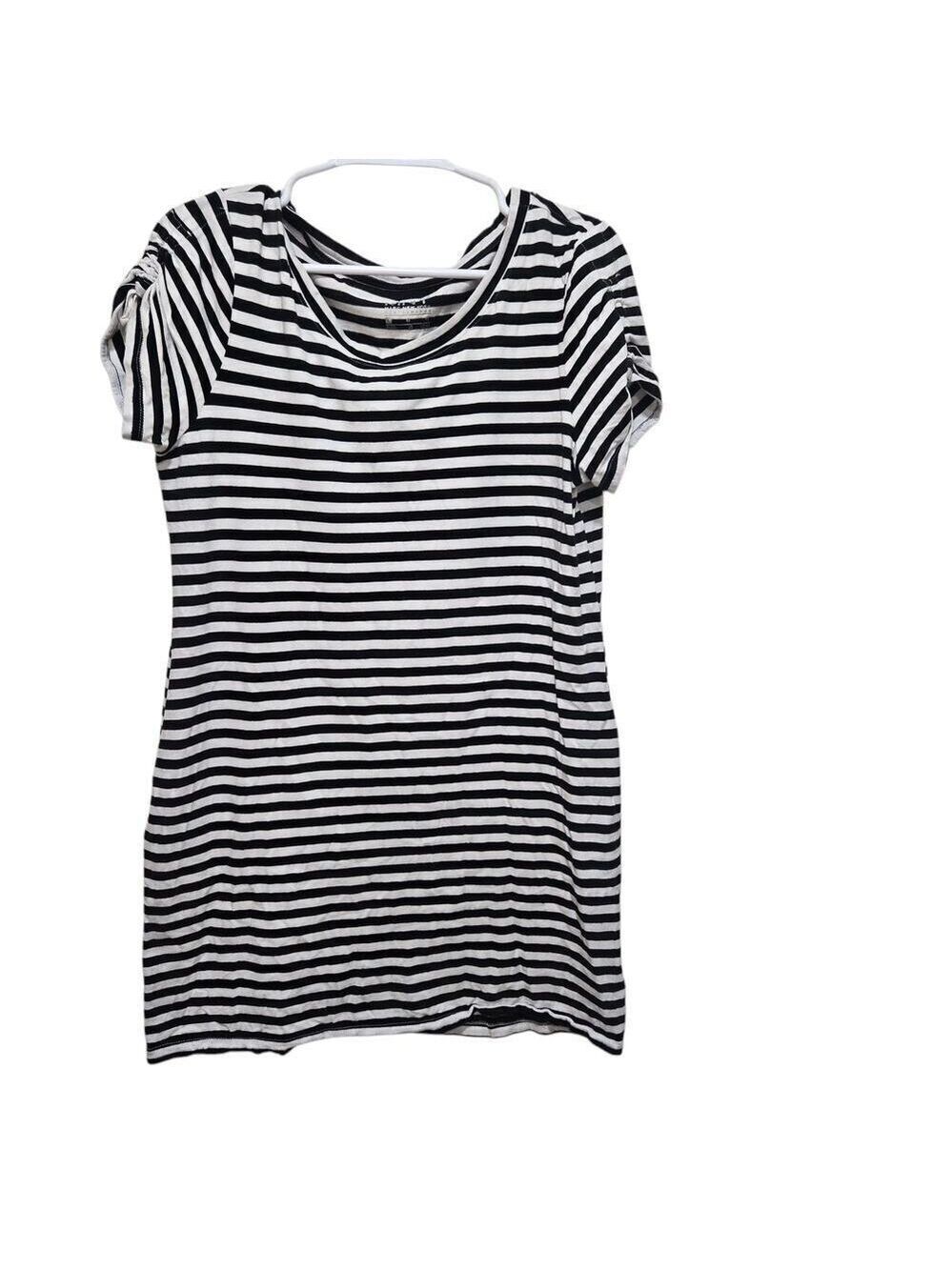 Marc NY Striped Tunic Dress L Black White Ruched Sleeve